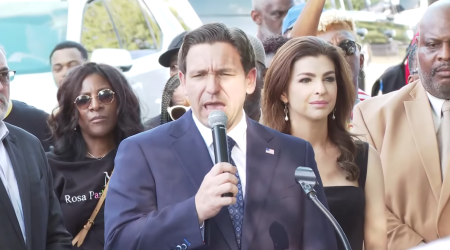 Florida Gov. Ron DeSantis, addresses mourners at a prayer vigil in Jacksonville, Fla., on Sunday August 28, 2023.