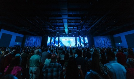 Worshipers attend the opening worship service at the Alabaster, Alabama, campus of the Church of the Highlands on Sunday, Aug. 27, 2023. 