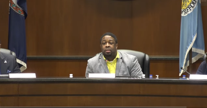 A screenshot of Suffolk School Board President Tyron Riddick during a board meeting on August 10, 2023. 