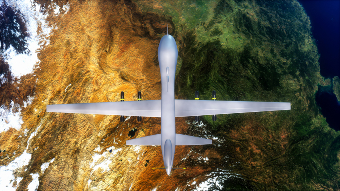 A military drone flies to target point (third rendering,this image elements furnished by NASA) https://www.visibleearth.nasa.gov/view.php?id=74518