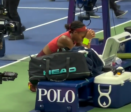 Tennis star Coco Gauff, 19, prays after winning her first Grand Slam title at the U.S. Open in New York City on Saturday, Sept. 9, 2023.