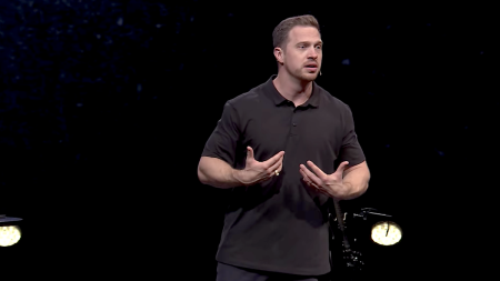 Pastor Kylen Perry delivers a sermon about identity for The Porch young adults and singles ministry at Watermark Community Church in Dallas, Texas, on September 6, 2023. 