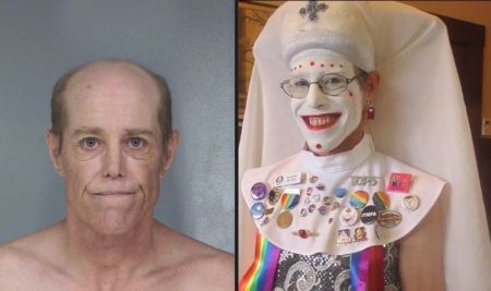 (Left) Booking photo of Clinton Monroe Ellis-Gilmore; (Right) Gilmore dressed as a nun in a Facebook post.