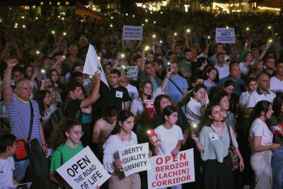 Demonstrators rally in support of Karabakh to demand the reopening of a blockaded road linking the Nagorno-Karabakh region to Armenia and to decry crisis conditions in the region, in Yerevan on July 25, 2023. Karabakh has been at the centre of a decades-long dispute between Armenia and Azerbaijan, which have fought two wars over the mountainous territory. 