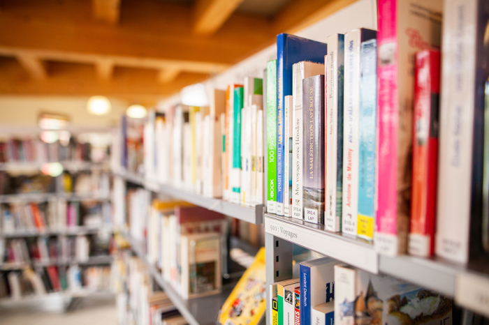 Multiple shelves hold various books.