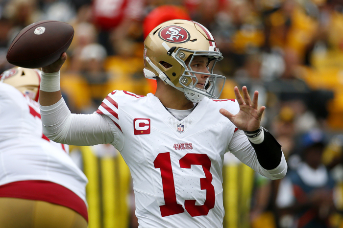 Brock Purdy #13 of the San Francisco 49ers throws a pass in the first quarter against the Pittsburgh Steelers at Acrisure Stadium on September 10, 2023, in Pittsburgh, Pennsylvania. 