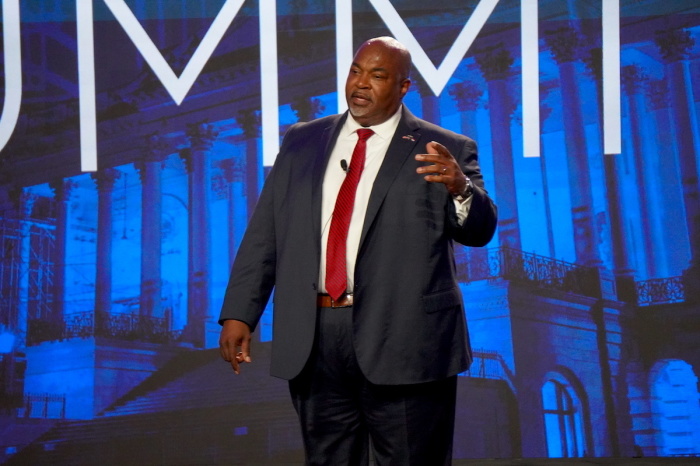 Mark Robinson, the 35th lieutenant governor of North Carolina since 2021, delivers a speech to a crowd at the Pray Vote Stand Summit in Washington, D.C., on Sept. 15, 2023, at the Omini Shoreham Hotel.