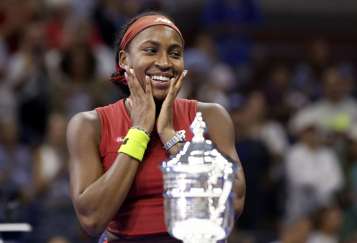 Coco Gauff of the United States celebrates after defeating Aryna Sabalenka of Belarus in their Women's Singles Final match on Day Thirteen of the 2023 US Open at the USTA Billie Jean King National Tennis Center on September 09, 2023, in the Flushing neighborhood of the Queens borough of New York City. 