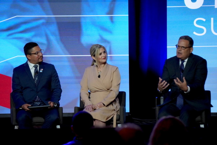 Three speakers deliver remarks in a panel titled 'The Hispanic Community and Its Growing Influence in the U.S.' at the Pray Vote Stand Summit in Washington, D.C., on Sept. 16, 2023, at the Omni Shoreham Hotel. The speakers included Alfonso Aguilar, Nilsa Alvarez and Angel Jordan.