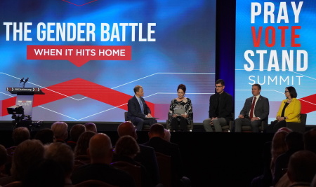 From Left: Tony Perkins, president of the Family Research Council, Amy Atterberry, Brandon Showalter, Missouri Attorney General Andrew Bailey and Jennifer Bauwens speak during a panel discussion on the topic of transgenderism, titled 'When The Gender Battle Hits Home' at FRC’s Pray Vote Stand Summit in Washington, D.C., on September 16, 2023.