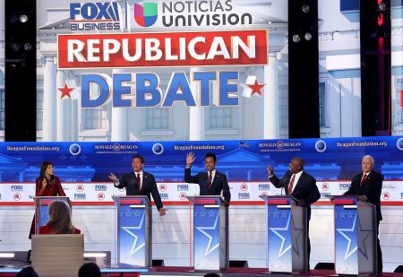 Republican presidential candidates (L-R), former U.N. Ambassador Nikki Haley, Florida Gov. Ron DeSantis, Vivek Ramaswamy, U.S. Sen. Tim Scott (R-SC), and former U.S. Vice President Mike Pence participate in the FOX Business Republican Primary Debate at the Ronald Reagan Presidential Library on September 27, 2023 in Simi Valley, California. 