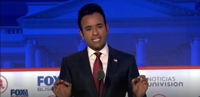 Entrepreneur Vivek Ramaswamy speaks at the second Republican presidential debate in Simi Valley, California, Sept. 27, 2023. 