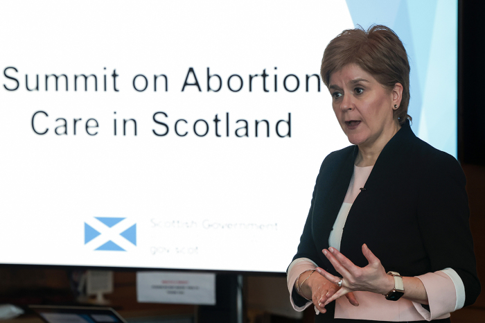 First Minister of Scotland Nicola Sturgeon addresses an Abortion Summit at Leith Scottish Government offices on February 07, 2023, in Leith, Scotland. The summit continues discussions on what can be done to provide a long-term legislative solution on abortion safe-access zones to protect women from anti-abortion protestors outside of hospitals and sexual health clinics.