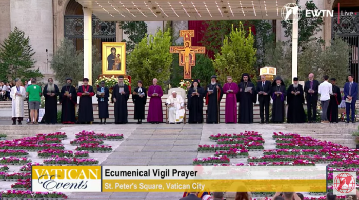 Participants of the Vatican's ecumenical prayer at St. Peter's Square in Vatican City on Sept. 30, 2023.