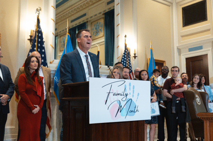 Oklahoma Gov. Kevin Stitt, a Republican, announces his proclamation of November as Family Month during a press conference on Oct. 31, 2023. 