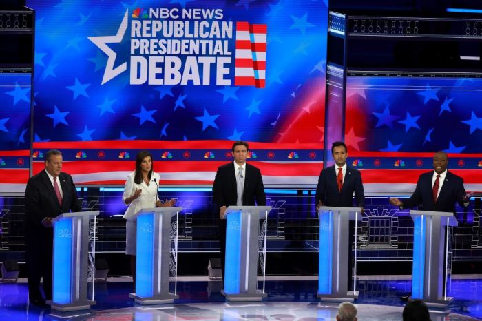 Republican presidential candidates (L-R) former New Jersey Gov. Chris Christie, former U.N. Ambassador Nikki Haley, Florida Gov. Ron DeSantis, Vivek Ramaswamy and U.S. Sen. Tim Scott (R-SC) participate in the NBC News Republican Presidential Primary Debate at the Adrienne Arsht Center for the Performing Arts of Miami-Dade County on November 8, 2023 in Miami, Florida. 