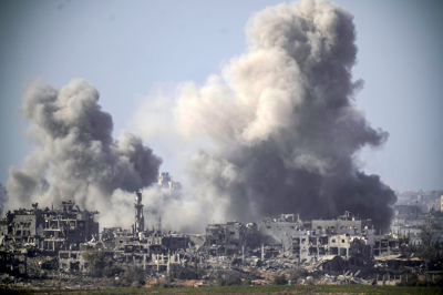 A plume of smoke follows an Israeli airstrike in the northern part of the Gaza Strip as Israel continues its bombardment and ground offensive on November 09, 2023, seen from Sderot, Israel. A month after Hamas's Oct. 7 attacks that left 1,400 dead and over 240 held hostage, Israel has maintained a relentless bombardment of the Gaza Strip and launched a ground invasion to vanquish the terrorist group that governs the Palestinian territory. The Hamas-run health ministry in Gaza said that over 10,000 people have died in Gaza during the war, while the IDF has reported the deaths of several dozen Israeli soldiers. 