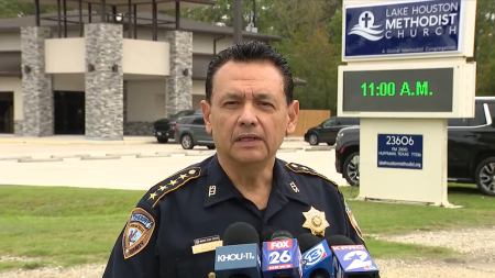 Sherrif Ed Gonzalez speaks during a press conference outside the Lake Houston Methodist Church in Texas where a man was shot dead on November 12, 2023.