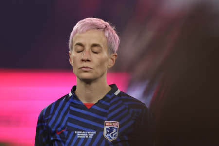 Megan Rapinoe #15 of OL Reign looks on ahead of the 2023 NWSL Championship NJ/NY Gotham FC at Snapdragon Stadium on November 11, 2023, in San Diego, California. 