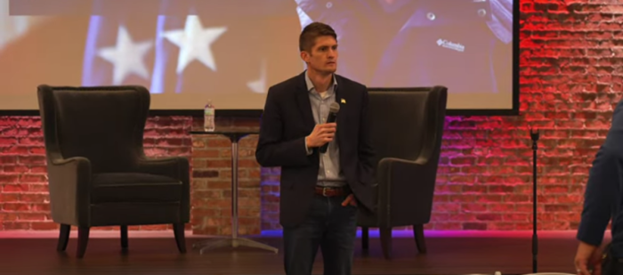 Presidential candidate David Stuckenberg speaks at a town hall in Greenbrier, Arkansas. 