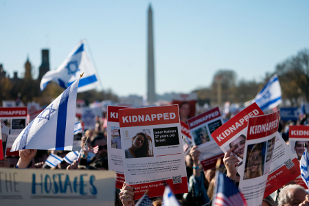 Demonstrators in support of Israel gather to denounce anti-Semitism and call for the release of Israeli hostages on the National Mall in Washington, D.C., on November 14, 2023. Thousands of civilians, both Palestinians and Israelis, have died since October 7, 2023, after Palestinian Hamas terrorists based in the Gaza Strip invaded southern Israel in unprecedented attacks, triggering a war declared by Israel on Hamas. 