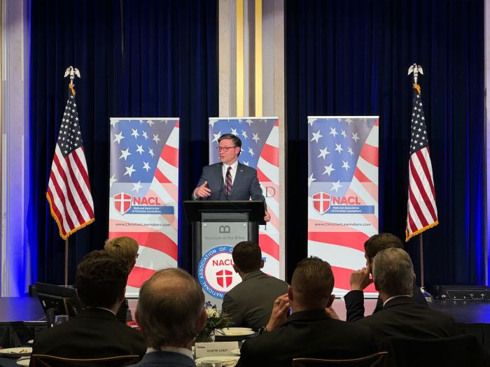 Speaker of the U.S. House of Representatives Mike Johnson delivers a keynote speech during the National Association of Christian Lawmakers gala dinner at the Museum of the Bible in Washington, DC, on Dec. 5, 2023. 