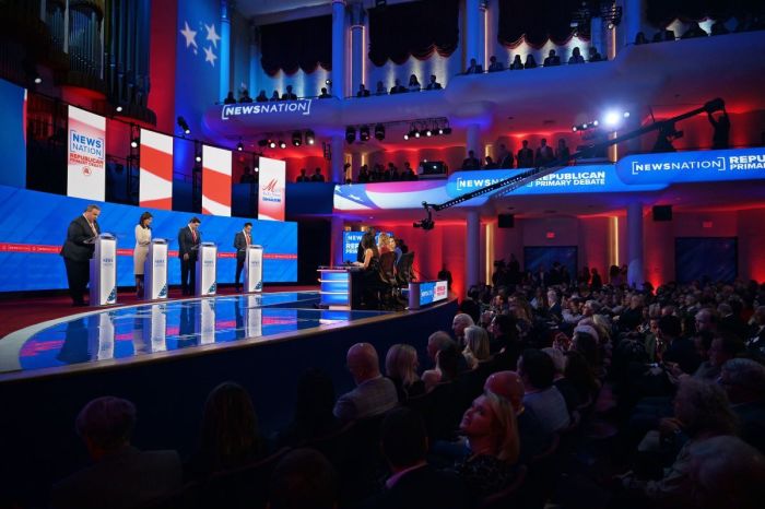 Republican presidential candidates (L-R) former New Jersey Gov. Chris Christie, former U.N. Ambassador Nikki Haley, Florida Gov. Ron DeSantis and Vivek Ramaswamy participate in the NewsNation Republican Presidential Primary Debate at the University of Alabama Moody Music Hall on Dec. 6, 2023 in Tuscaloosa, Alabama. 