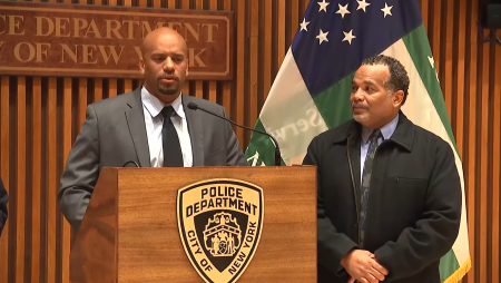 Retired NYPD officers Kenneth Dodson (R), and his brother, Axel (L), in New York City on December 9, 2023. 