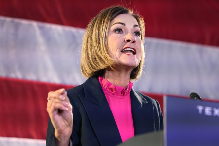 Iowa Governor Kim Reynolds speaks at a rally hosted by Florida Governor Ron DeSantis on November 06, 2023, in Des Moines, Iowa. Reynolds endorsed DeSantis' run for president at the event. 