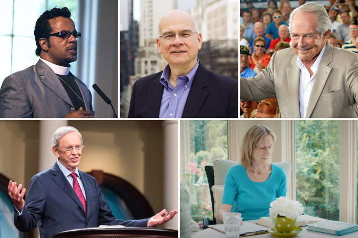 Top L to R: Bishop Carlton Pearson preaches a sermon in a photo published in 2006. | Creative Commons/Scott Griessel; Pastor Tim Keller, founder and former pastor of Redeemer Church in New York City. | Courtesy of A. Larry Ross Communications; Evangelical Christian leader Pat Robertson in Virginia Beach, Virginia, on September 8, 2012. | Reuters/Brian Snyder; Bottom L to R: Pastor Charles Stanley preaches at First Baptist Church Atlanta, 2017. | Facebook/First Baptist Church Atlanta; Sarah Young | Screengrab: Jesus Calling