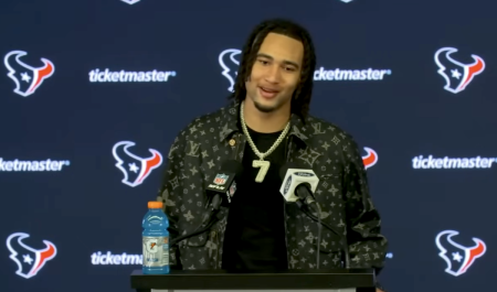 Houston Texans quarterback C.J. Stroud speaks during a press conference following the Texans' Jan. 13, 2024, win over the Cleveland Browns. 