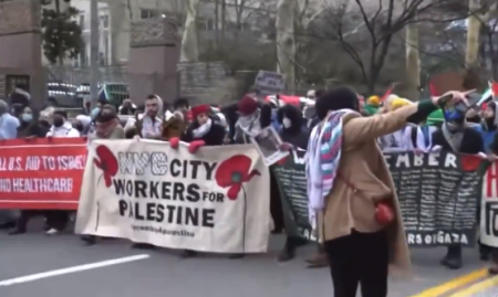 Pro-Palestinian protesters demonstrate outside of Memorial Sloan Kettering Cancer Center in New York City on Jan. 15, 2023. 