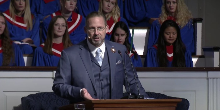 Clint Pressley, lead pastor of Hickory Grove Baptist Church in Charlotte, North Carolina, speaks at the chapel service at the Southern Baptist Theological Seminary of Louisville, Kentucky April 2022. 