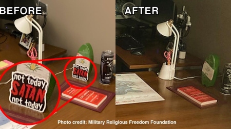 An honorably discharged Air Force veteran who adheres 'to many non-theist teachings (including satanist)' alleged that the prominently placed anti-Satan sign on the supervisor's desk escalated a previously hostile situation at the undisclosed VA facility.