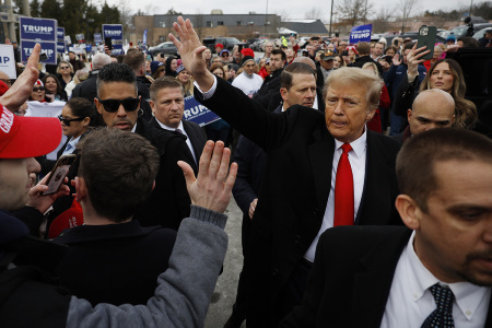 Republican presidential candidate, former U.S. President Donald Trump, visits a polling site at Londonderry High School on primary day, on January 23, 2024, in Londonderry, New Hampshire. With Florida Gov. Ron DeSantis having dropped out of the race two days earlier, Trump and fellow candidate former U.N. Ambassador Nikki Haley are battling it out in this first-in-the-nation primary. 