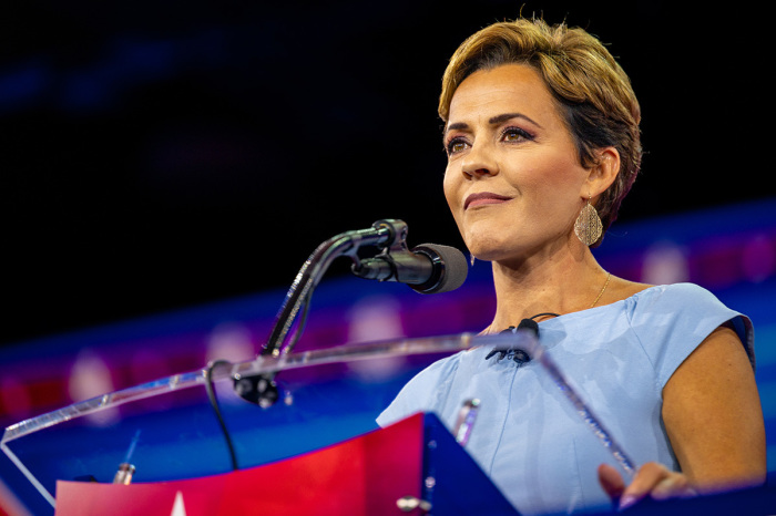 Republican nominee for Arizona governor Kari Lake speaks at the Conservative Political Action Conference CPAC at the Hilton Anatole on August 06, 2022, in Dallas, Texas. CPAC began in 1974, and is a conference that brings together and hosts conservative organizations, activists, and world leaders in discussing current events and future political agendas.