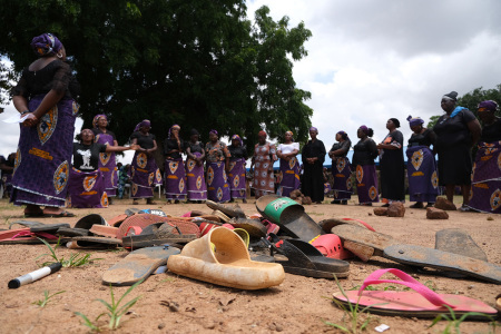 The remaining wares of students of Bethel Baptist High School are seen inside the school premises as parent of abducted students pray for the return of their children whom were abducted by gunmen in the Chikun Local Government Area of Kaduna state, northwest Nigeria on July 14, 2021.