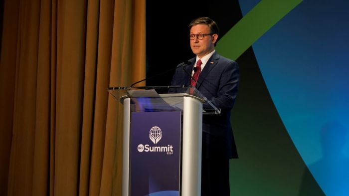 U.S. Speaker of the House Mike Johnson speaks at the International Religious Freedom Summit in Washington, D.C. on Jan. 31, 2024. 