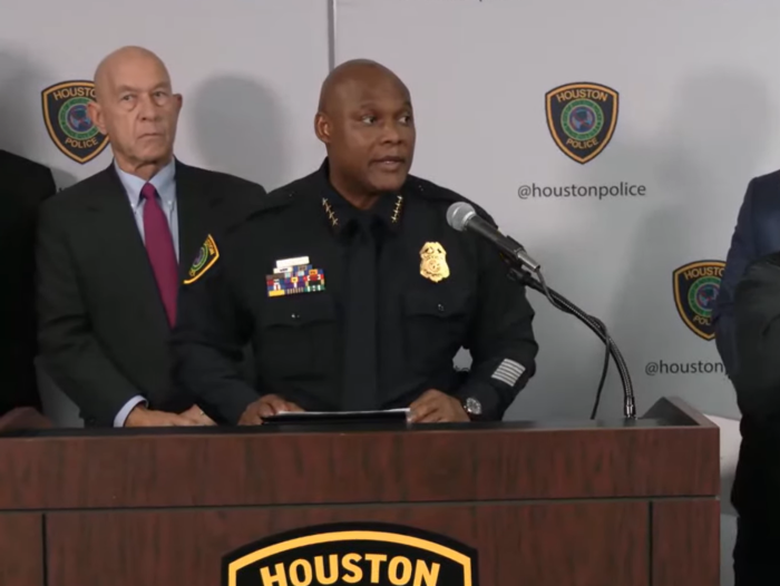 Houston Police Chief Troy Finner (podium) speaks at a press conference on the Lakewood Church shooting on February 12, 2024. Houston’s Mayor John Whitmire is on the left.