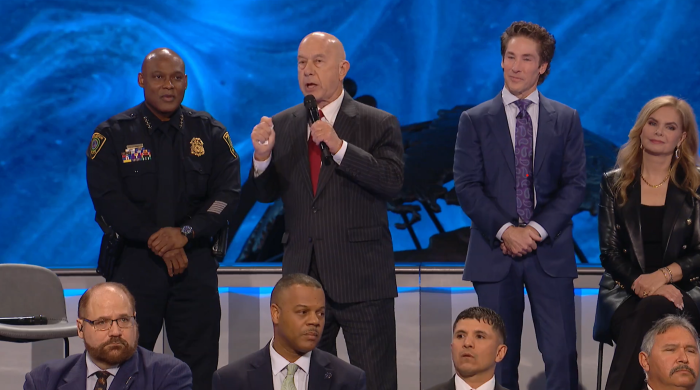 Houston Police Chief Troy Finner (L), and Houston Mayor John Whitmire (C), were among a number of city and state officials who joined Lakewood Church Pastor Joel Osteen (R) for a healing service at the church on February 18, 2024.