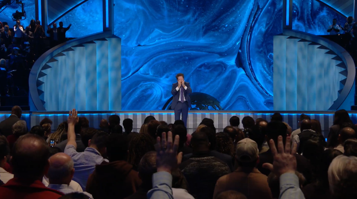 Lakewood Church Pastor Joel Osteen weeps during a prayer for 7-year-old Samuel Moreno-Carranza on February 18, 2024. Moreno-Carranza is the son of Genesse Moreno, a woman who instigated an armed attack on the Texas megachurch on February 11, 2024.