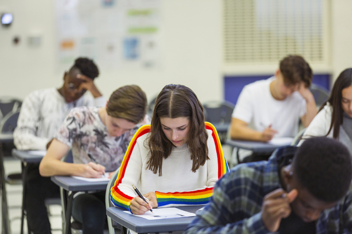 A classroom of students.