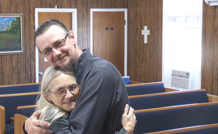 Pastor Brandon Stewart (R), founder of New Hope Fellowship Full Gospel Ministries, administered the Heimlich maneuver to save Lois Adams, a congregant at Mount Zion Church in Gordon, Alabama, on February 15, 2024.