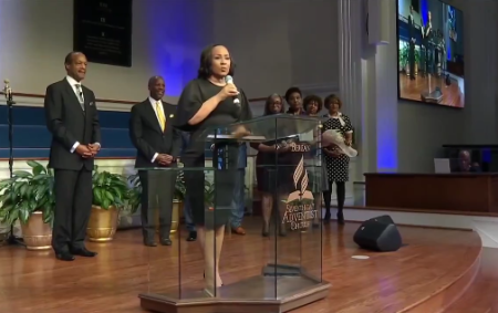 Fulton County District Attorney Fani Willis speaks at Berean Church in Atlanta, Georgia, on Feb. 18, 2024. 