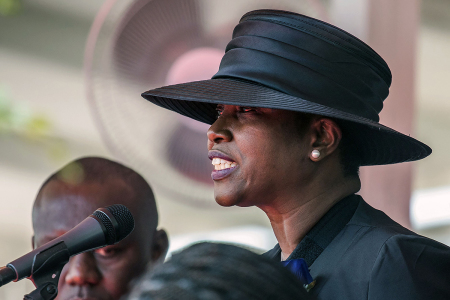 Martine Moïse speaks during the funeral for her husband, slain Haitian President Jovenel Moïse, on July 23, 2021, in Cap-Haitien, Haiti, the main city in his native northern region. Moïse, 53, was shot dead in his home in the early hours of July 7. 