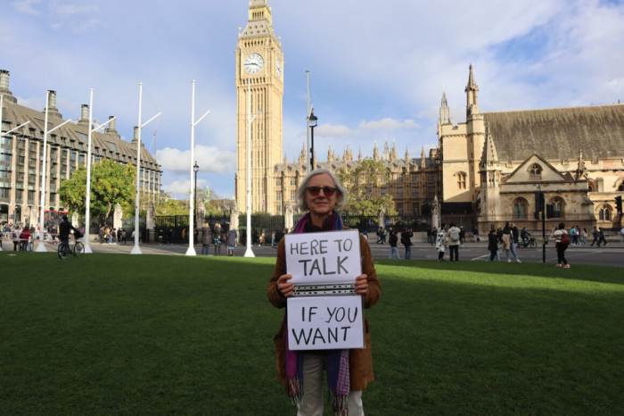 Livia Tossici-Bolt, 62, (R), who held a sign reading “here to talk, if you want to” near an abortion facility in Bournemouth, England.