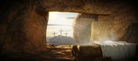 Crucifixion and resurrection. He is Risen. Empty tomb of Jesus with crosses in the background and cinematic lighting. Easter or Resurrection