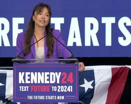 Nicole Shanahan speaks in Oakland, California after presidential candidate Robert F. Kennedy, Jr. announced her as his running mate, March 26, 2024. 