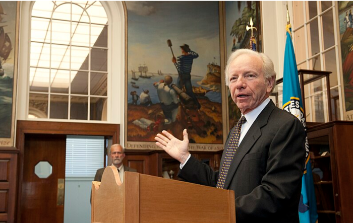 Sen. Joe Lieberman, I-Conn., speaks at the United States Coast Guard Academy in New London, Connecticut, April 27, 2012. 