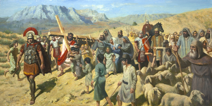 Portraiture artist Zimou Tan's 'Carrying the cross together' illustrates the story of Matthew 27:31-32 .